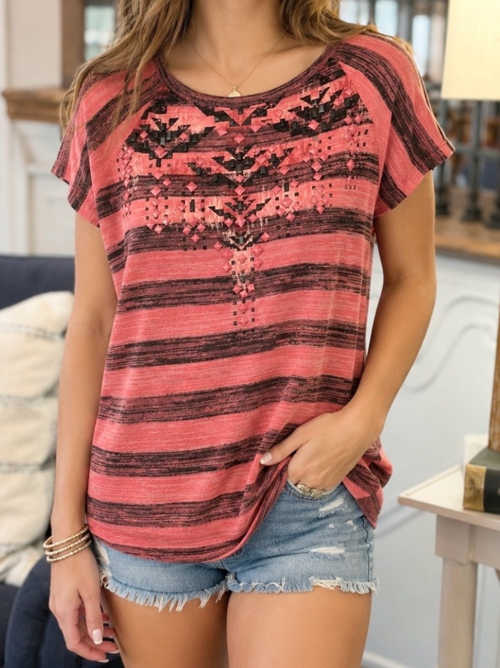 New Directions Pink/Salmon Striped Embellished Short-Sleeve Top. Women’s Sz-L